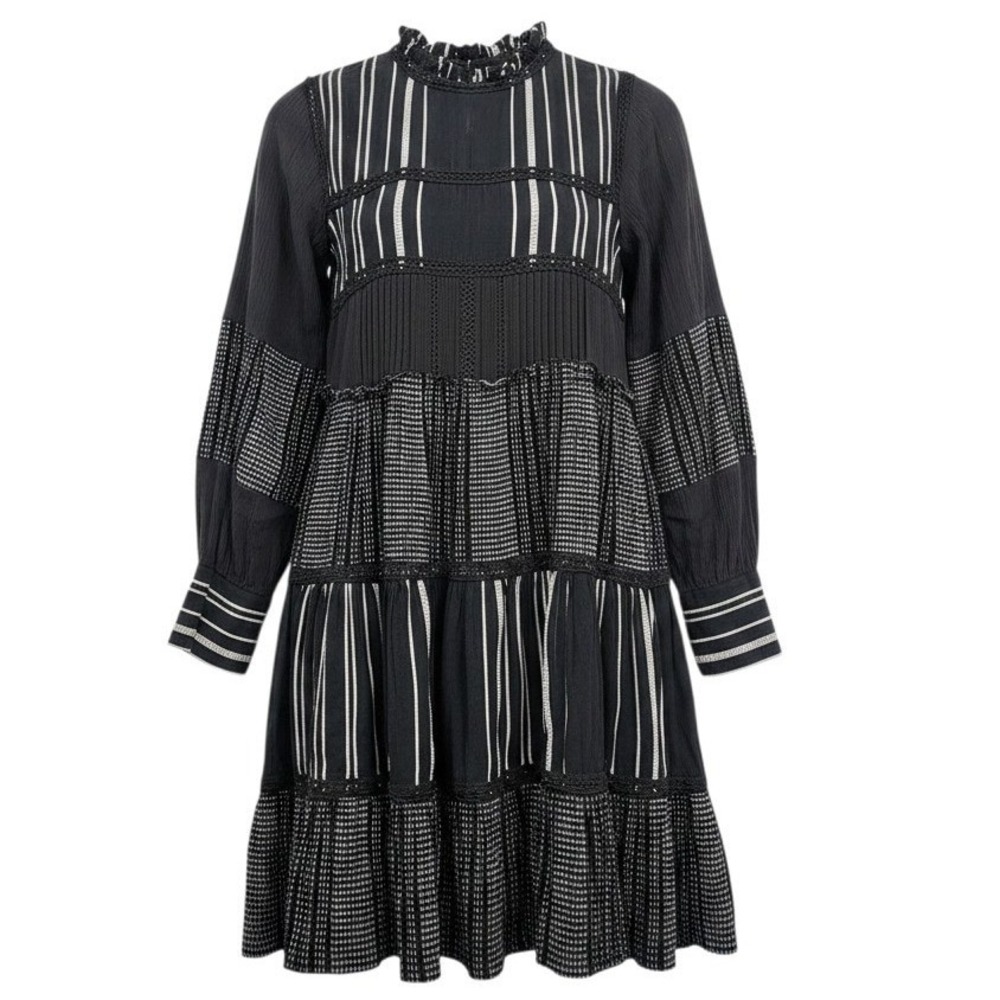 Zara Black White Boho Tiered Mini Dress Cottagecore Peasant Witchy Lace Trim XS